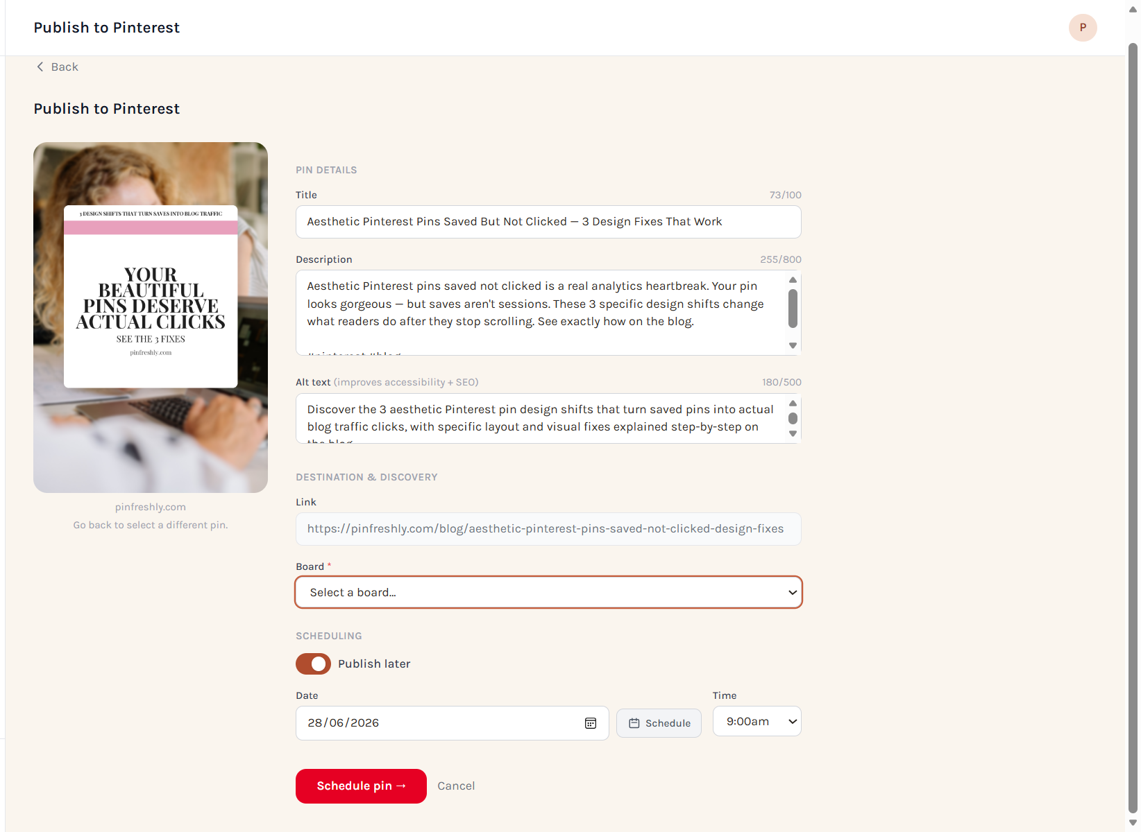PinFreshly publish to Pinterest page showing a pin preview, board selector, and scheduling toggle set to a future date